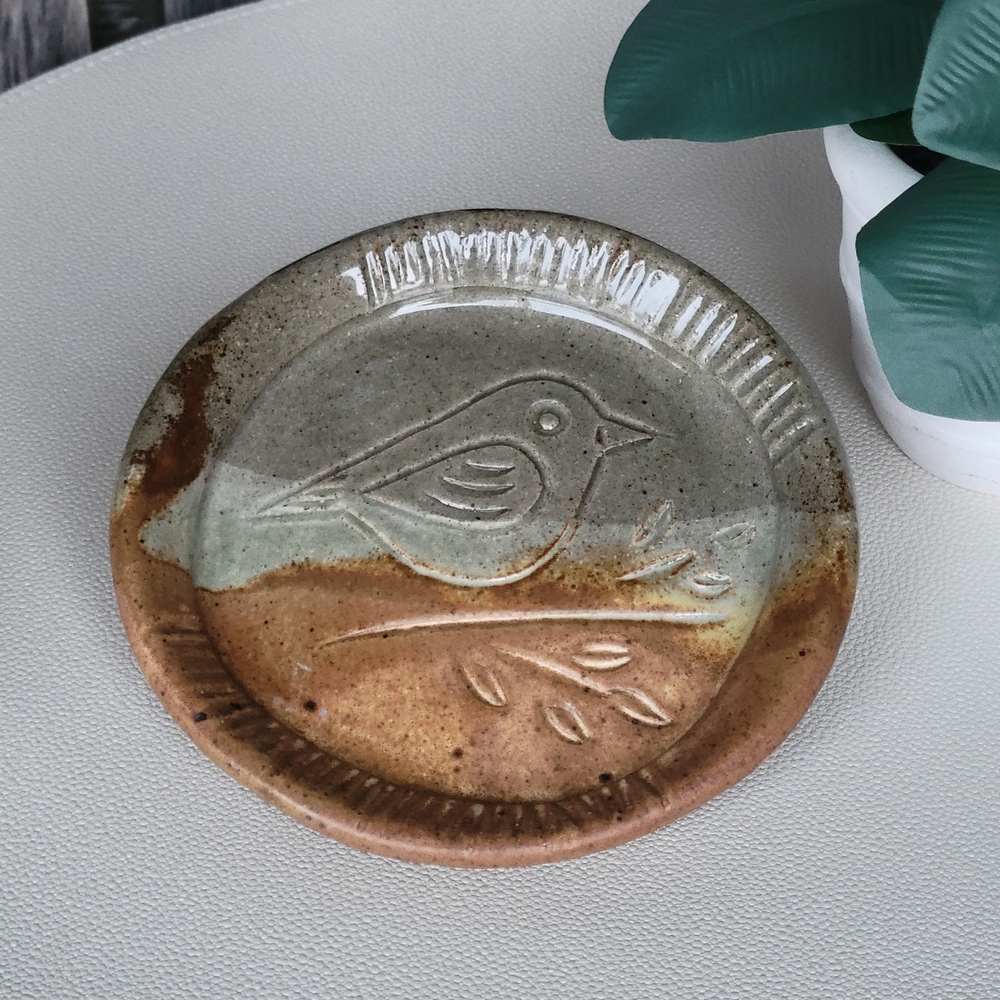 Bird & Branch Glazed Sage Pottery Plate - Picture 3 of 6